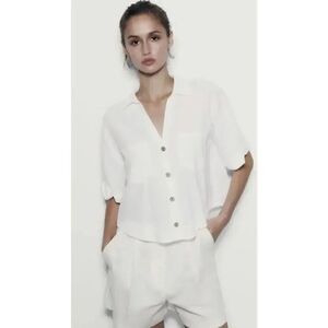 ZARA White Linen Blend Crop Button Up Shirt Boxy Minimalist Bohemian SZ L #1675